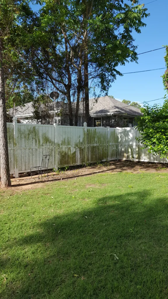 Soft wash vinyl fence cleaning service removing green algae stains - Before transformation Norman OK