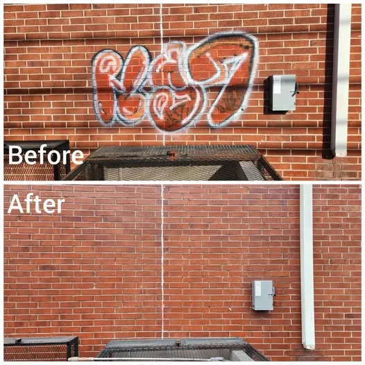 Commercial graffiti removal service cleaning spray paint off brick wall - Before and after transformation
