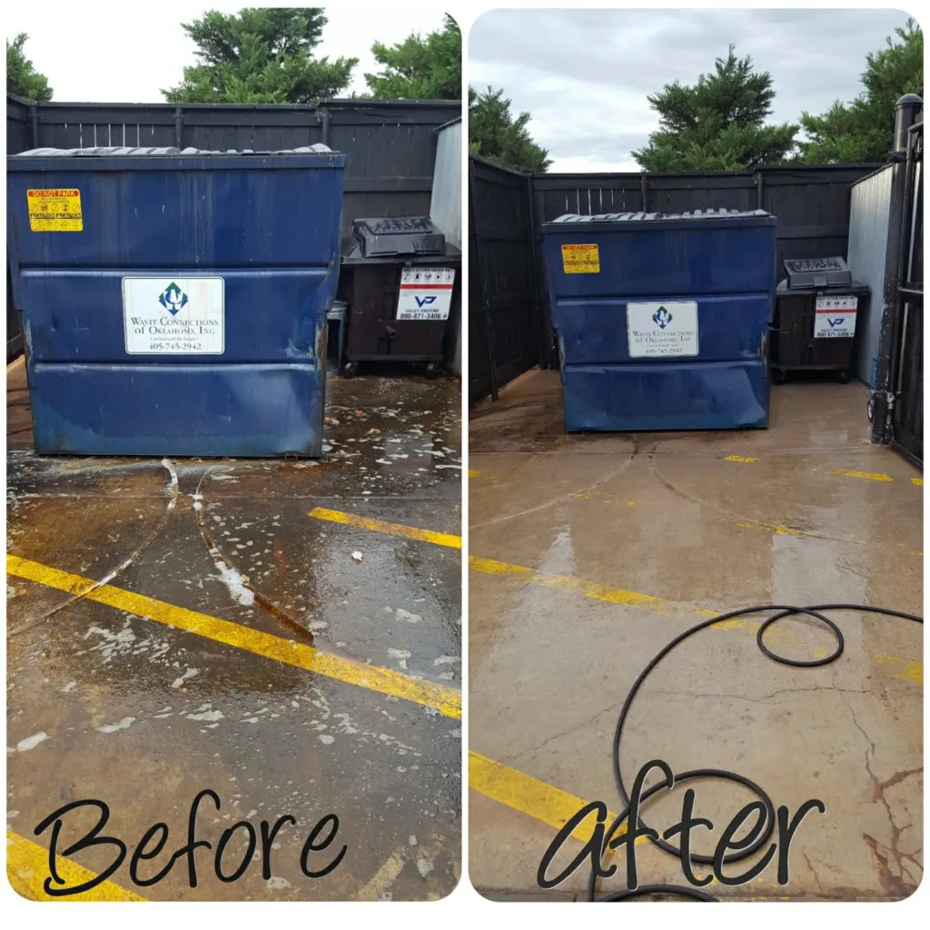 Before and after commercial dumpster pad power washing service in OKC