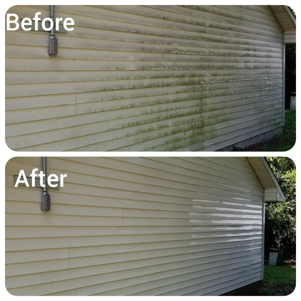Before and after soft wash vinyl siding pressure washing service in Norman OK