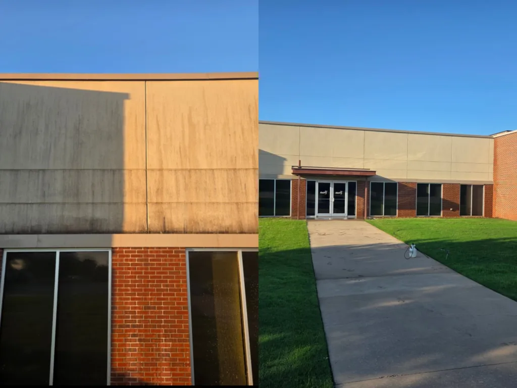 Before and after soft wash exterior cleaning on a commercial EFIS building