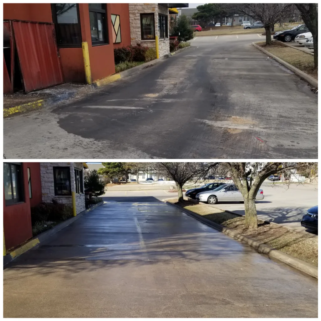 Before and after commercial drive-thru lane pressure washing service in OKC