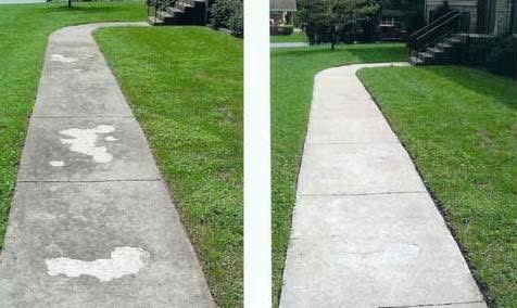 Before and after comparison of concrete sidewalk pressure washing showing mold and grime removal