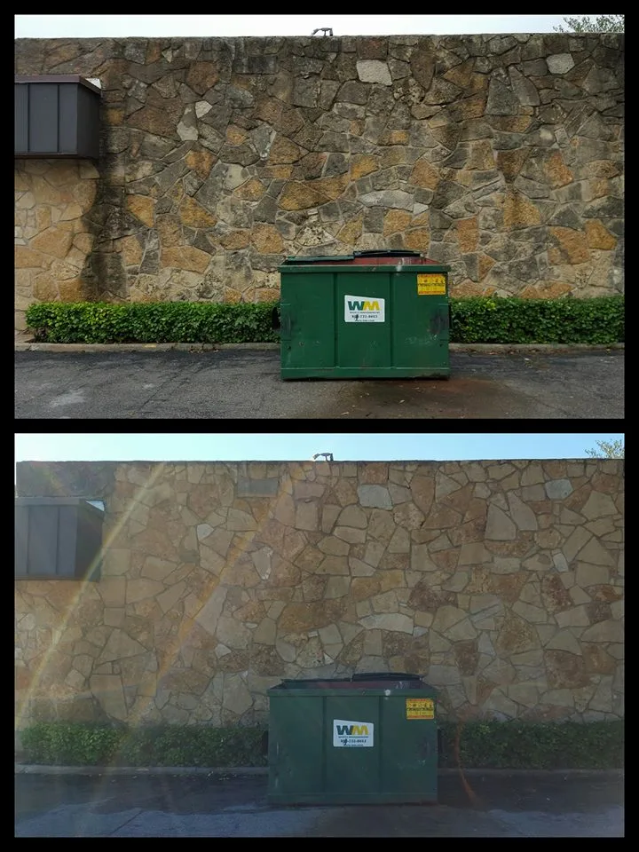 Before and after soft washing transformation removing heavy mold and dark stains from a commercial stone exterior wall