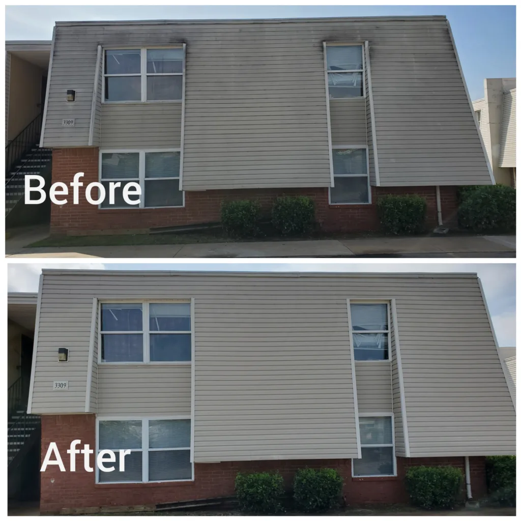 Before and after vinyl siding cleaning on a commercial apartment building in Oklahoma City