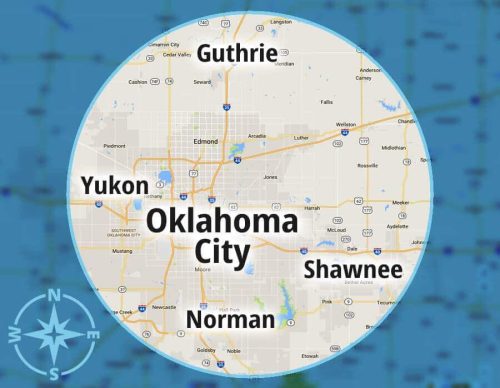 oklahoma-city-service-area-map Service area map for Matt's Pressure Washing serving Oklahoma City, Moore, Edmond, Yukon, Mustang, Norman, and surrounding areas.